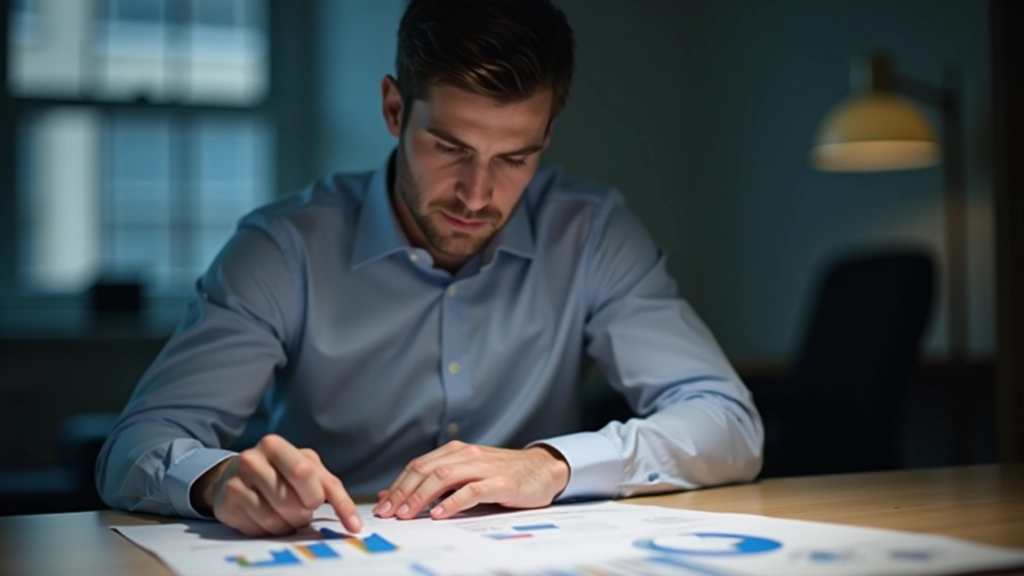 Analyst examining financial reports and industry comparison spreadsheets at workstation