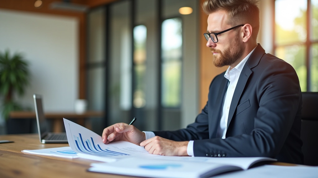 Business professional reviewing competitive analysis charts and market research documents at modern office workspace