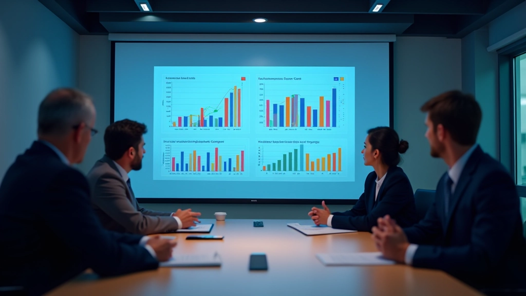 Strategic planning meeting with competitive analysis charts displayed on conference room screen